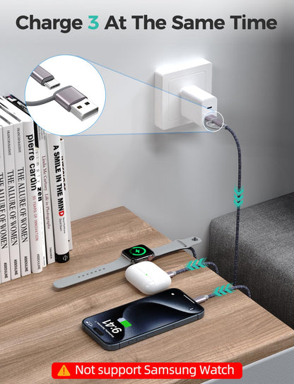 Travel Essentials,3 in 2 USB C Cable for Apple Watch Charger/iPhone Charger,Multi Charging Cable,Vacation RV Camping Essentials,Portable for iWatch Series 11-2/Ultra/SE& iPhone 17-12,Car,Xbox-4FT