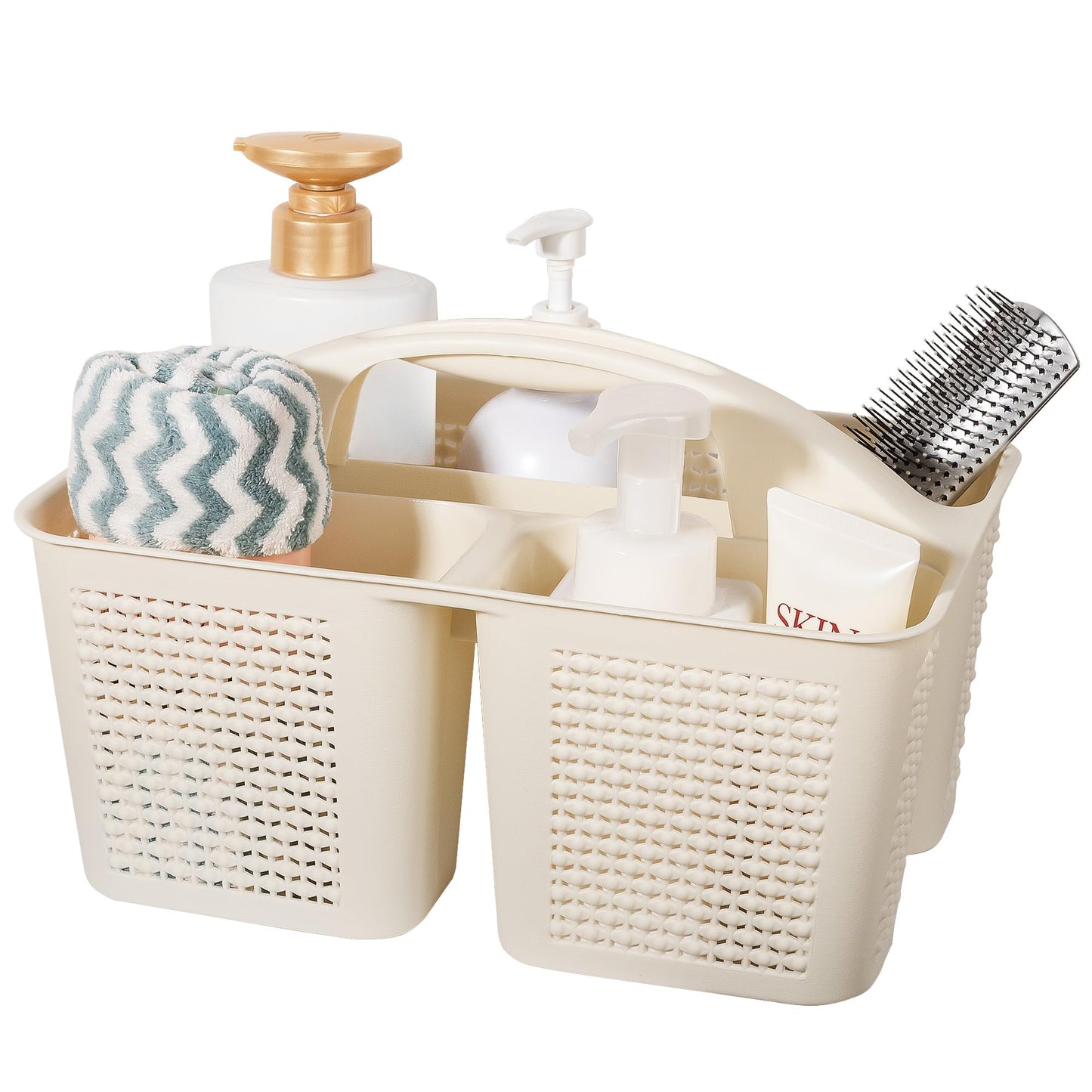 UUJOLY Plastic Portable Shower Caddy Basket Bucket, Cleaning Shower Basket with Handle Compartments Storage Basket Organizer for Bathroom Kitchen College Dorm Sink, Beige