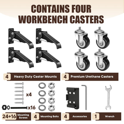 SPACECARE Workbench Casters kit 900Lbs Heavy Duty Quick Release 2 Mounting Options Retractable Workbench Stepdown Caster Wheels Adjustable Polyurethane Durable Steel Construction (Set of 4)