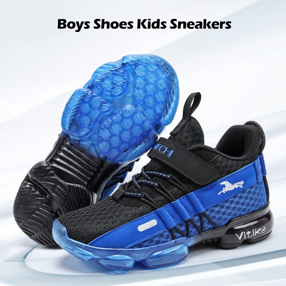 VITUOFLY Boys Sneakers Kids Running Shoes Girls Mesh Fitness Shoe Indoor Training Sneaker Lightweight Outdoor Sports Athletic Tennis Shoes for Little Kid/Big Kid Black Blue 7 Big Kid