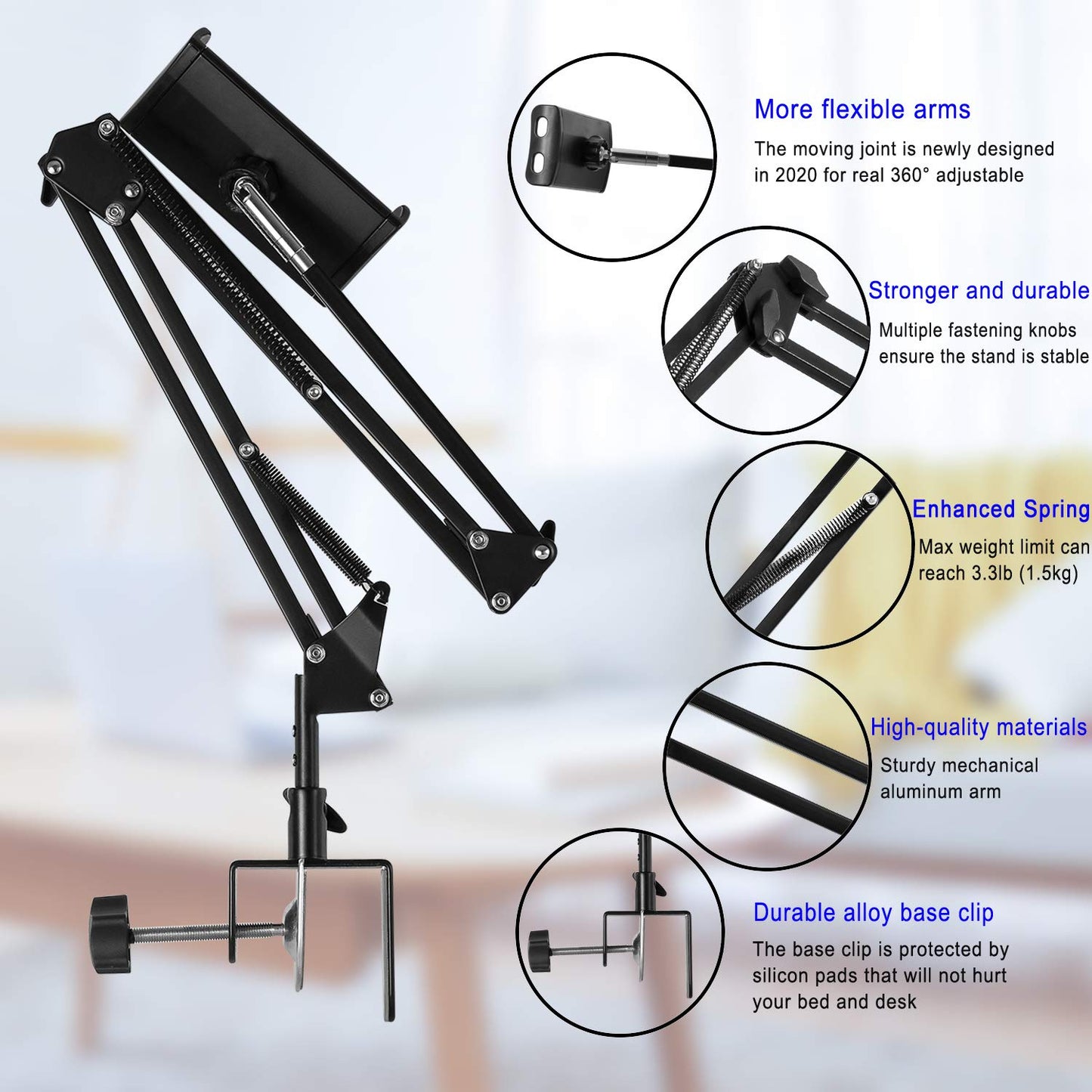 Tablet Stand Adjustable,Foldable Arm Stand for Bed,Aluminum Universal Flexible Tablet Holder with 360 Degree Rotation Compatible with iPad/iPhoneX/iPad Pro/N-Switch,or Other 4.5~12.9 Inches Devices