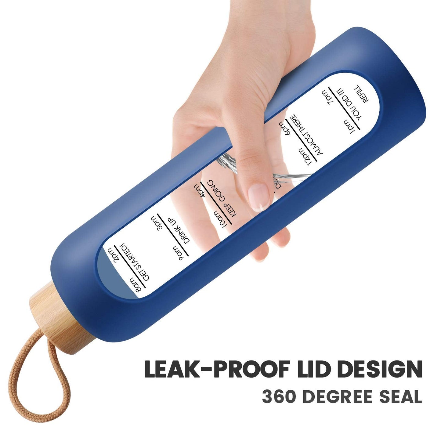 PROBTTL 32 Oz Borosilicate Glass Water Bottle with Time Marker Reminder Quotes, 1 Liter Leak Proof Reusable BPA Free Motivational Water Bottles with Silicone Sleeve and Bamboo Lid (Navy Blue)