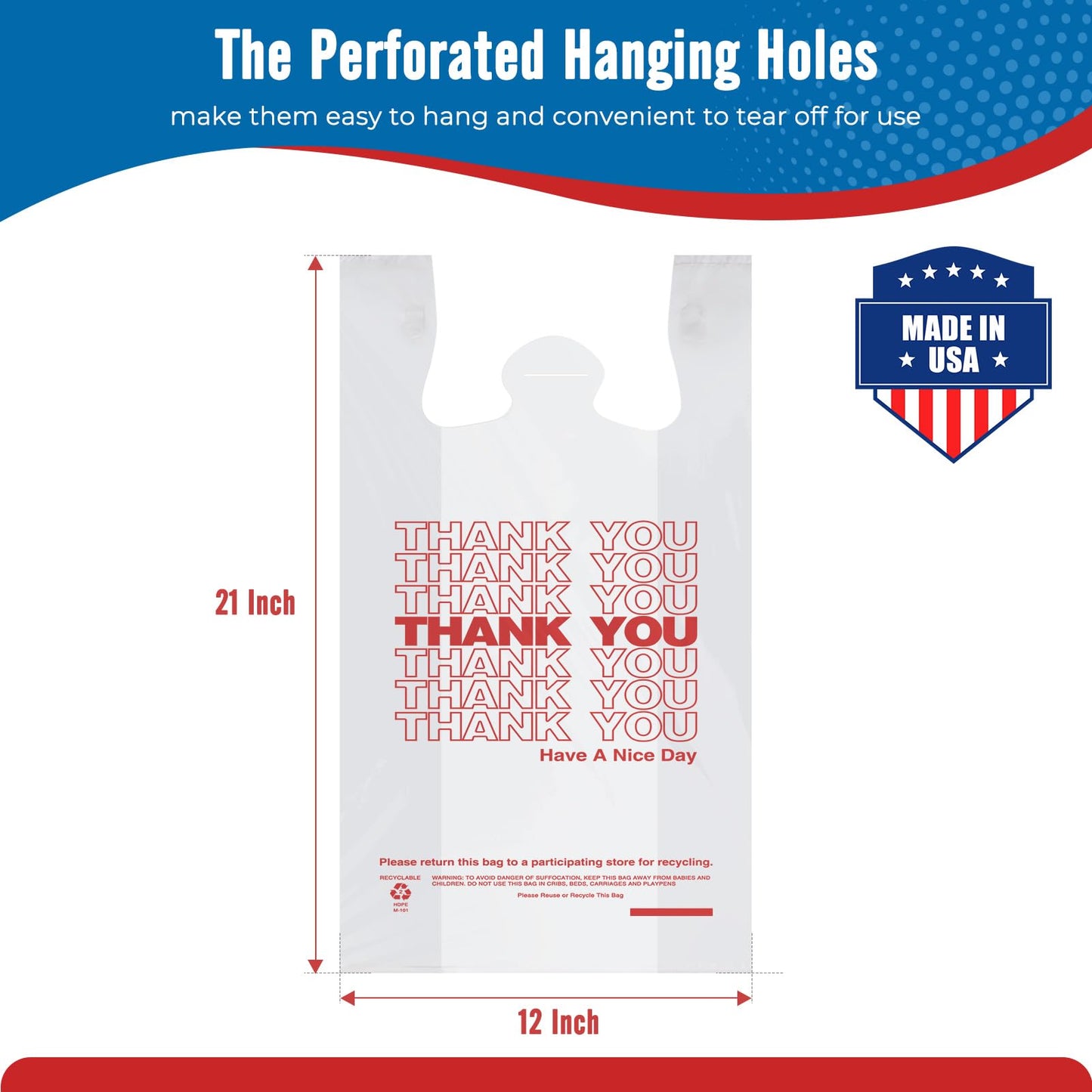 Fuxury 1000 Count Thank You Plastic Bags (12" x 6.5" x 21") White, T-shirt, Grocery, Take Out, To Go, Retail Shopping Bags in Bulk (Made in USA)