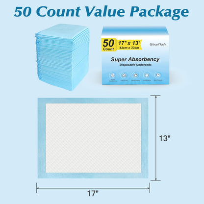 50 Count Super Absorbency Disposable Underpads, Leakproof Quick Drying Disposable Pads for Baby, Puppy and Adults, Disposable Changing Pads for Baby, Disposable Diaper Changing Pads, 17” x 13”, Blue