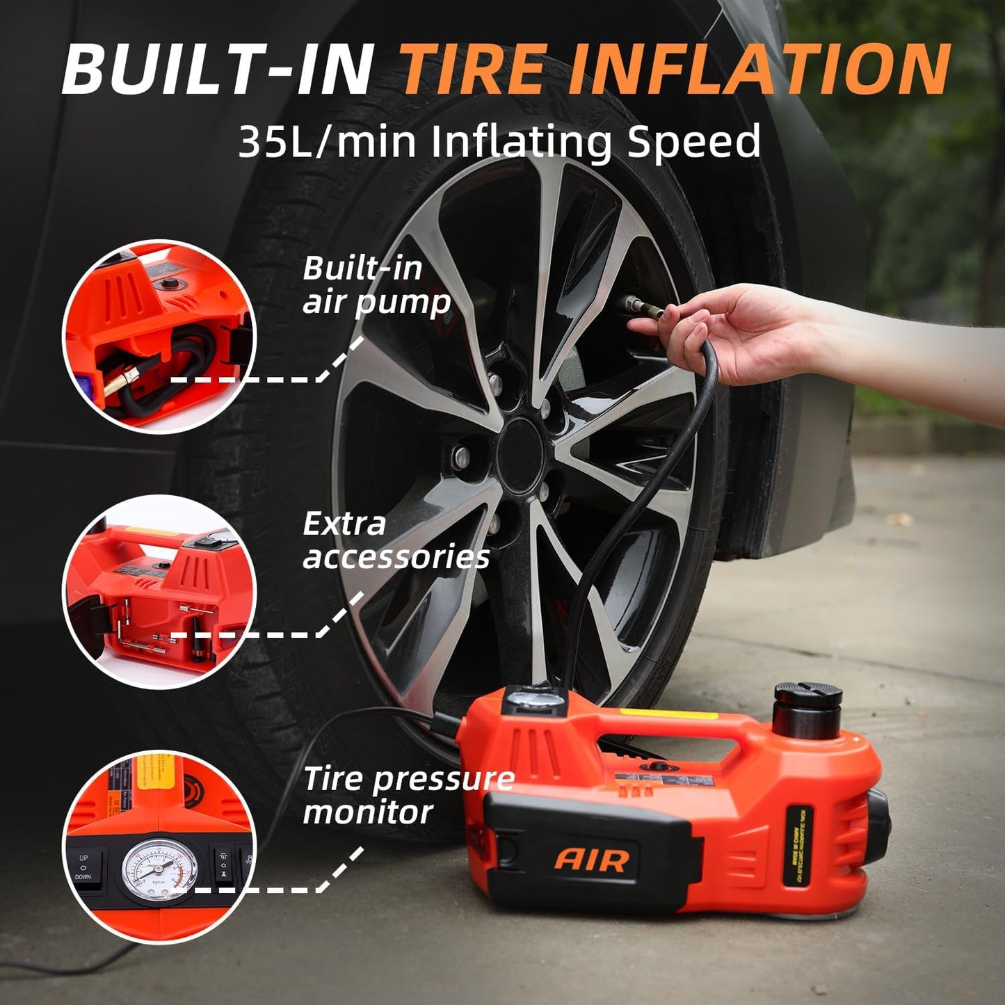 STANDTALL Electric Car Jack Quick Lifting Safe and Portable with Tire Inflator and LED Light Complete Set of Accessories 12V Hydraulic Floor Jack