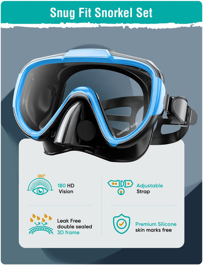 Seovediary Snorkel Set Adults Snorkeling Gear Anti-Fog Panoramic View Swim Mask Dry Top Snorkel Kit with Carry Bag for Snorkeling Scuba Diving Swimming Travel