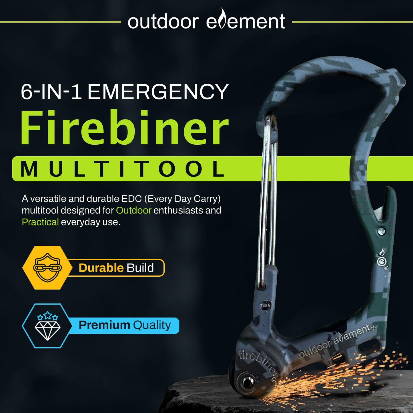 Firebiner 6-in-1 Fire-Starting Carabiner EDC Emergency Multitool -Keychain,Utility Blade,Bottle Opener,& More-Camo Gray