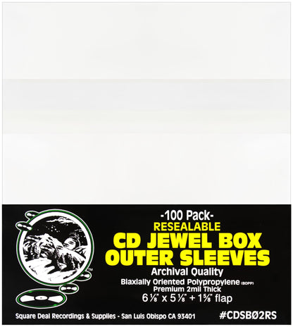 Square Deal Recordings & Supplies - CD Sleeves - RESEALABLE Premium 2mil Thick - Archival Quality, Crystal Clear - Holds 1 Standard 10.4mm CD Jewel Box (100 Sleeves)
