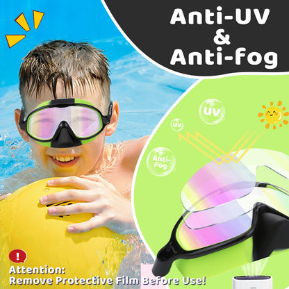 Vvinca 2 Pcs Kids-Swim-Goggles with Nose Cover, Swimming Diving Mask Wide View Anti Fog UV Anti Shattered Lens for Kids 3-5