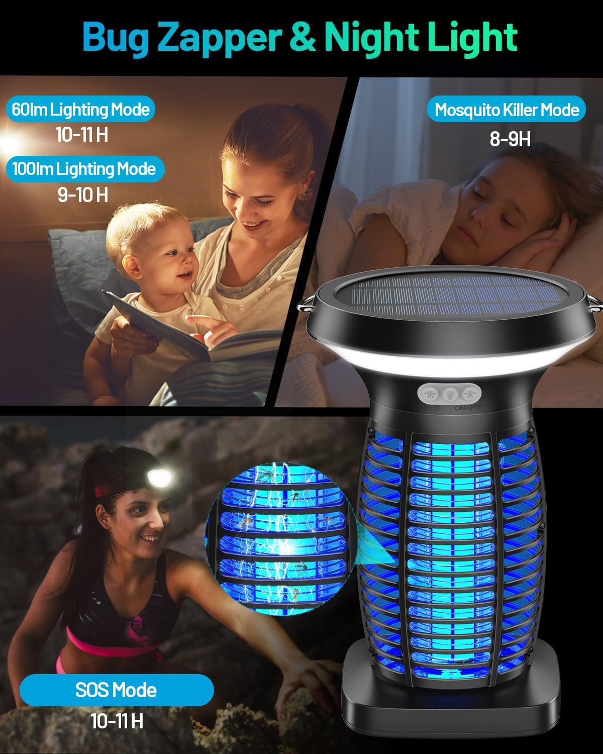 Solar Bug Zapper Outdoor, Mosquito Zapper Solar Powered, Electric Fly Zapper with Camping Lantern, Waterproof Insect Zapper, Cordless Mosquito Killer Lamp for Indoor Outdoor