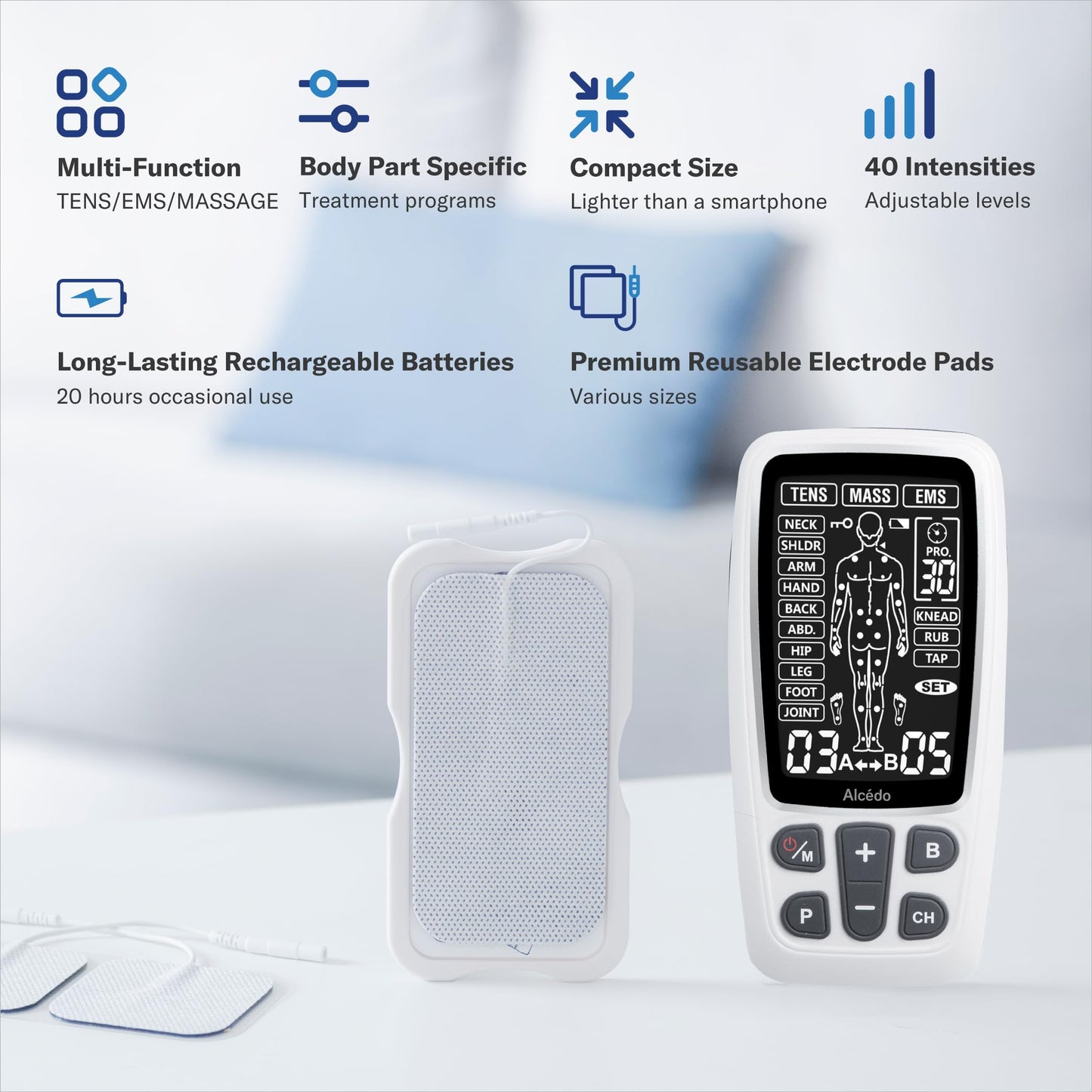 Alcedo TENS Unit + EMS Combination Machine Muscle Stimulator for Pain Relief, Electric Rechargeable Pulse Massager with 41 Modes for Back/Neck Pain Therapy