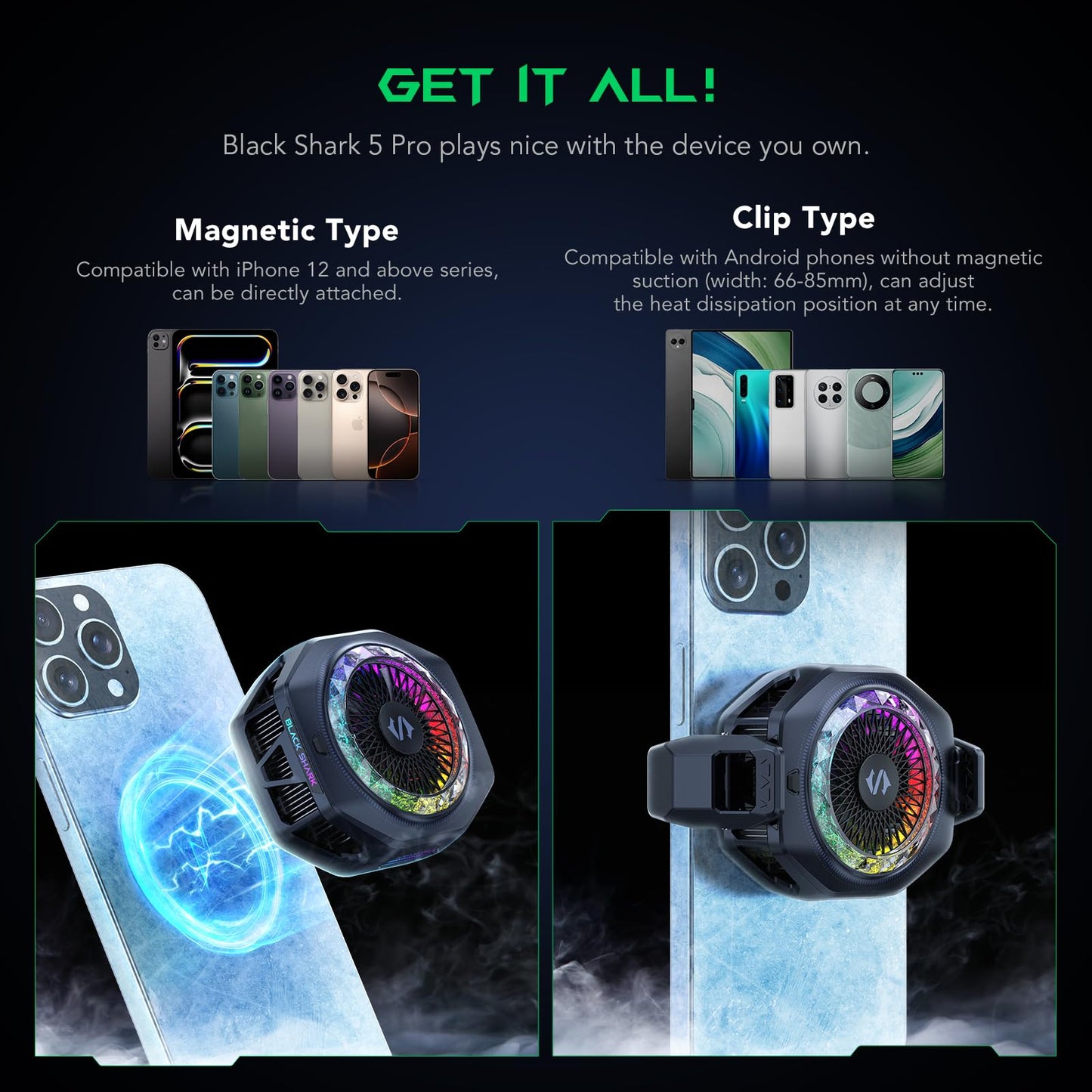 Black Shark Magnetic Phone Cooler 5 Pro - 18 Addressable RGB LEDs, Detachable Grip, APP-Controlled Thermostatic Cooling Fan for iPhone MagSafe/Android/iPad -Gaming/Streaming/Photography