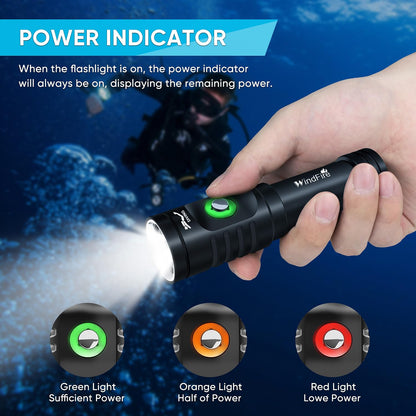 WINDFIRE Dive Light Scuba Diving Flashlight, Super Bright Rechargeable Waterproof Torch with Power Indicator, 3 Modes Underwater Lights, Scuba & Snorkeling Safety Dive Lights for Night Diving