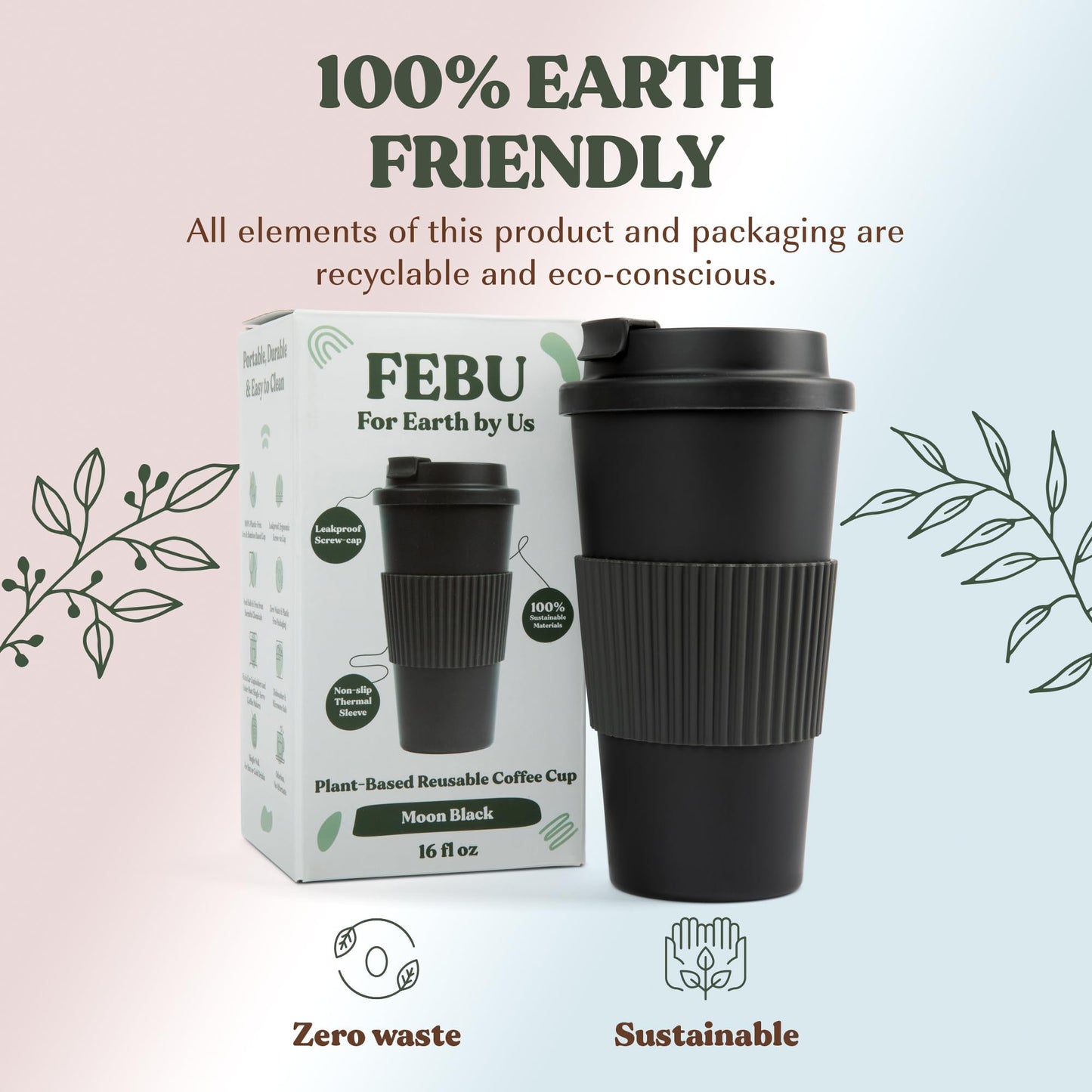 FEBU Plant-Based Reusable Coffee Cup with Lid and Sleeve | 16oz, Moon Black | Portable Travel Mug made from Bamboo | Dishwasher Safe, Compostable, Plastic Free with Leak-Proof Screw-on Lid