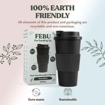 FEBU Plant-Based Reusable Coffee Cup with Lid and Sleeve | 16oz, Moon Black | Portable Travel Mug made from Bamboo | Dishwasher Safe, Compostable, Plastic Free with Leak-Proof Screw-on Lid