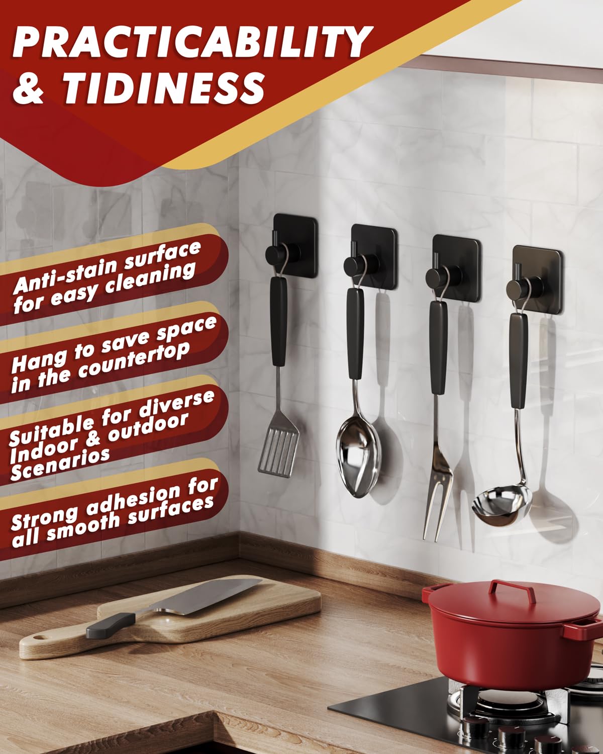 Adhesive Hooks Heavy Duty 30lb(Max) Wall Hooks, 5 Pack Self Adhesive Damage Free Towel Rack, Stainless Steel for Coat Robe, Waterproof Oilproof Rustproof for Bathroom Shower Kitchen Office