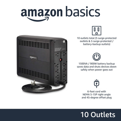 Amazon Basics UPS Battery Backup & Surge Protector 1500VA/900W, 10 Outlets, Line Interactive Uninterruptible Supply, for Power Outage Protection, Black