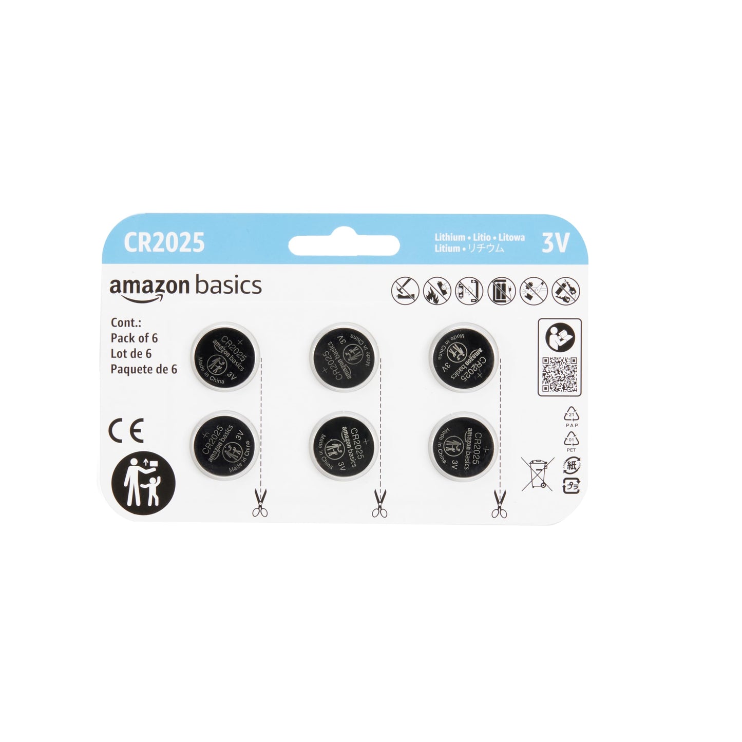 Amazon Basics 6-Pack CR2025 Lithium Coin Cell Battery, 3 Volt, Long Lasting Power, Mercury-Free
