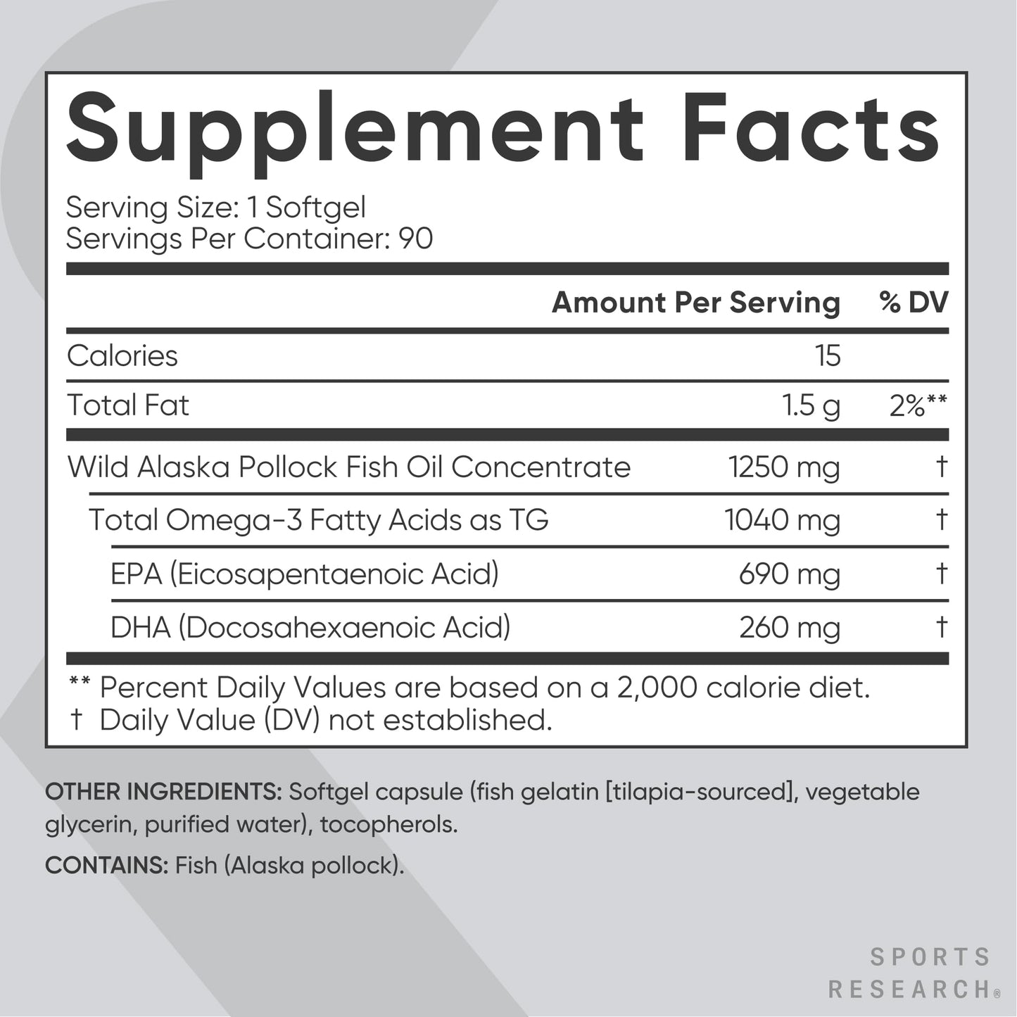 Sports Research Triple Strength Omega 3 Fish Oil - Burpless Fish Oil Supplement w/EPA & DHA Fatty Acids from Single-Source Wild Alaskan Pollock - 1250 mg, 90 ct