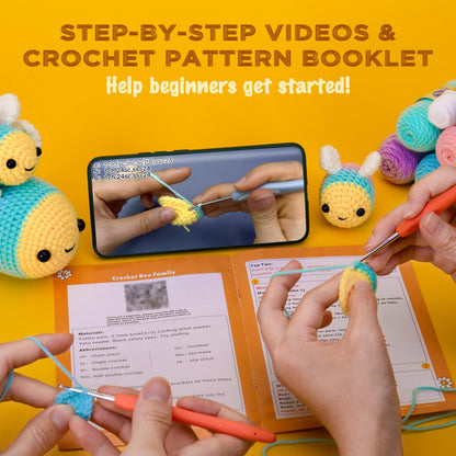 Crochetta Crochet Kit for Beginners - Starter Kit with Video Tutorials for Adults & Kids, Knitting Kit with 3 Bee Family (40%+ Yarn)