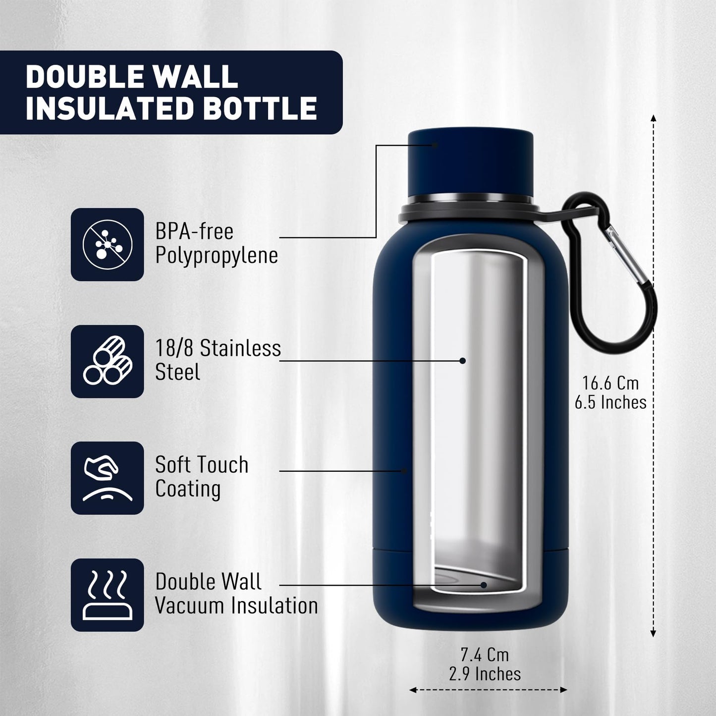 Exllena Small Water Bottle 12oz with Clip, Double Wall Stainless Steel Vacuum Small Insulated Water Bottle Keeps Drinks Cold 24 Hrs/Hot 12 Hrs for Kids Handbag School BPA Free (Navy Blue)