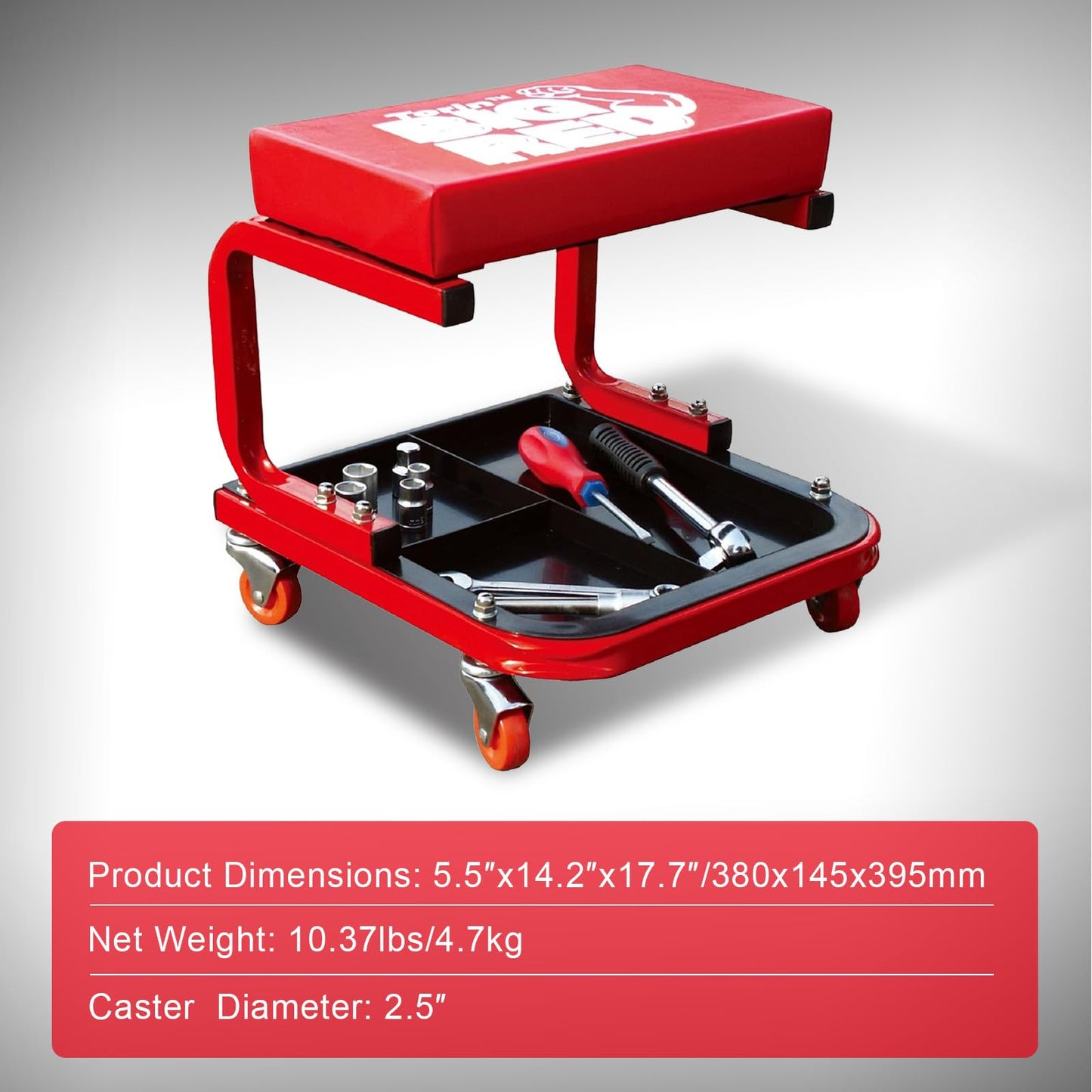 Torin TR6300 Red Rolling Creeper Garage/Shop Seat: Padded Mechanic Stool with Tool Tray Large