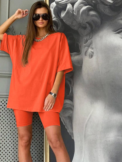 Glamaker Women 2 Piece Outfit sets Casual Oversized T-Shirt Tops Biker Shorts Workout Sport Tracksuit Fluorescent Orange Small