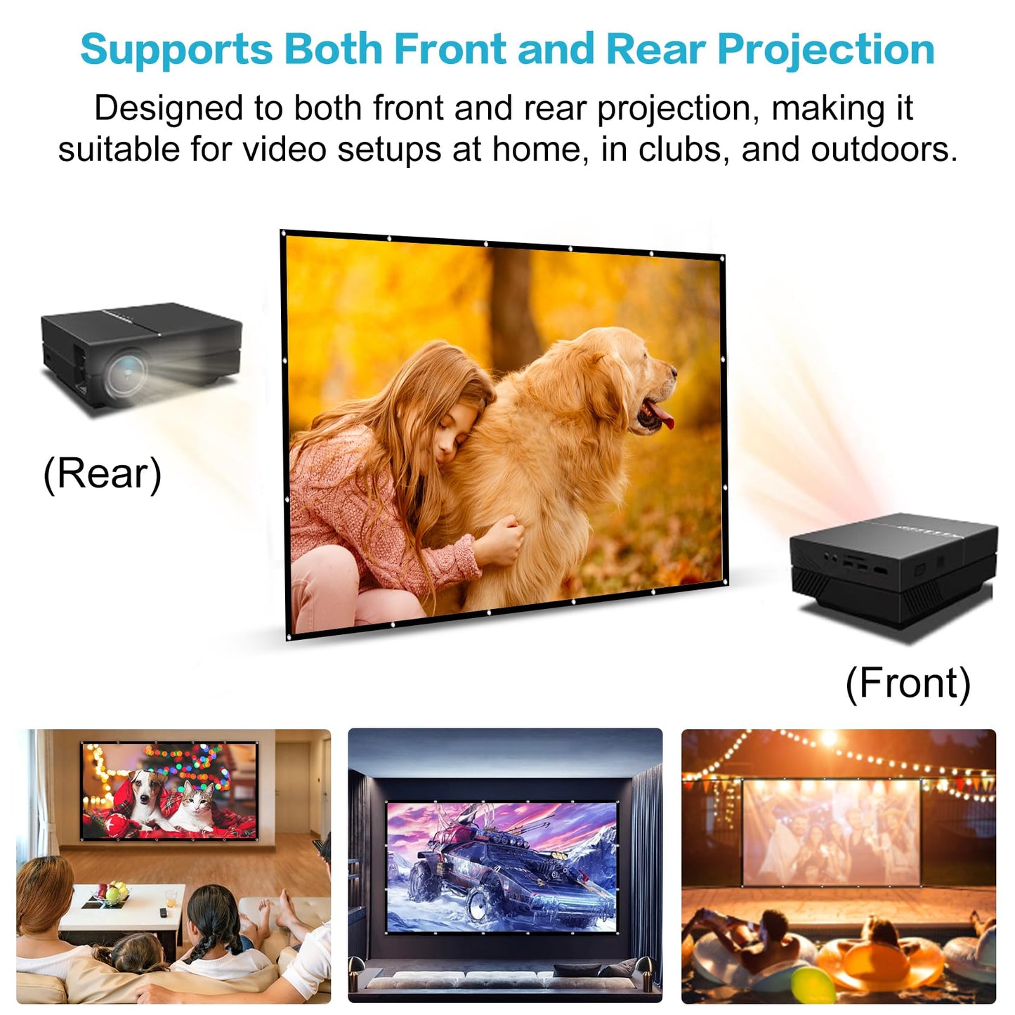 Taotique Projector Screen 120 inch, Movie Projector Screen 16:9 Foldable and Portable Anti-Crease Indoor Outdoor Projection Double Sided Video Projector Screen for Home, Party, Office, Classroom