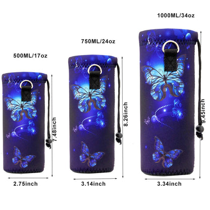 RICHEN Neoprene Water Bottle Carrier Bag with Adjustable Shoulder Strap, Insulated for 750ml/24oz Stainless Steel/Glass/Plastic Bottles (Blue Butterflies, 750ml)