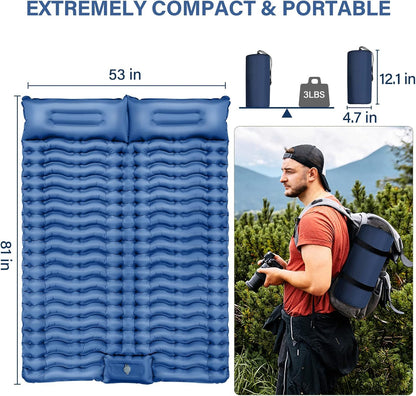 Camping Sleeping Pad, Ultralight Camping Mat with Pillow, Built-in Foot Pump Inflatable Sleeping Pads Compact for Camping Backpacking Hiking Traveling Tent,Double, Blue.