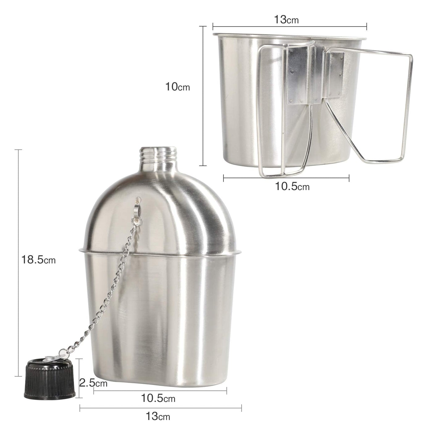 DARTMOOR G.I. Army Stainless Steel Canteen Military with Cup and Green Nylon Cover Waist Belt for Camping Hiking Climbing (Cup with Foldable Butterfly Handle)