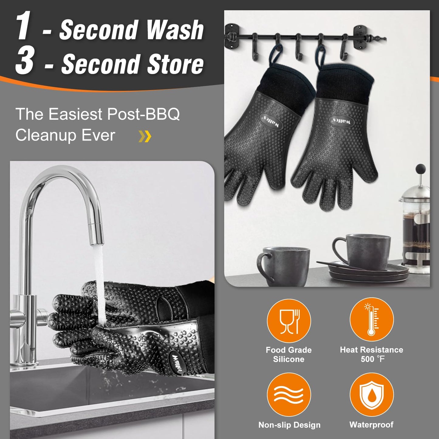 Walfos Silicone BBQ Gloves - Heat Resistant Grilling Gloves, Premium Non-Slip Kitchen Silicone Oven Mitt With Protective Cotton Layer Inside, Waterproof, Great for Grilling, Kitchen and Cooking, Black