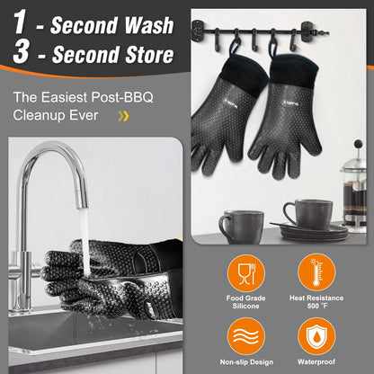 Walfos Silicone BBQ Gloves - Heat Resistant Grilling Gloves, Premium Non-Slip Kitchen Silicone Oven Mitt With Protective Cotton Layer Inside, Waterproof, Great for Grilling, Kitchen and Cooking, Black