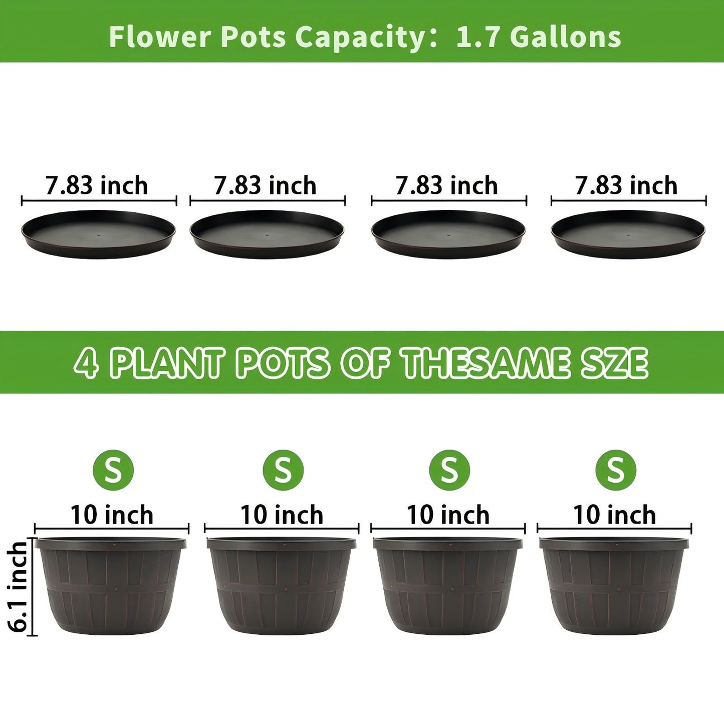 Quarut 10 inch Plastic Flower Pots for Outdoor Plants，4 Pack Large Outdoor Planter Pot with Drainage Holes & Saucers，Imitation Wine Barrel Design，for Indoor Outdoor Garden Plants（Brown）