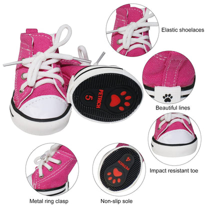 BESUNTEK Pet Dog Shoes, Puppy Canvas Sport Shoes Sneaker Boots, Non Slip Causal Shoes Dog & Cat Paw Protective Cover for Outdoor Walking, Sports and Hot Pavement, 4pcs