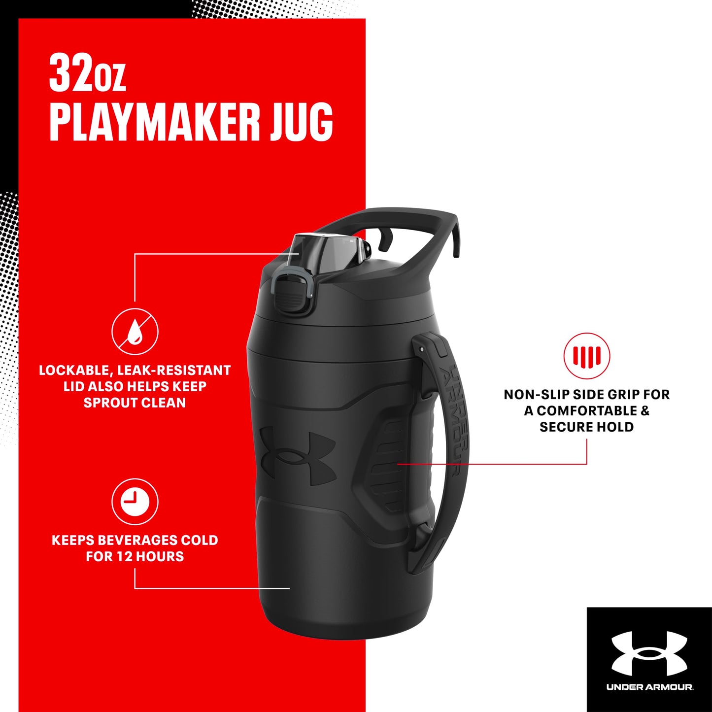 Under Armour 32 oz Insulated Water Bottles - Sports Water Jug with Handle, Fence Hook, Leak Resistant for Baseball, Football & More, 32 oz Water Bottles, Sports Water Bottle Insulated