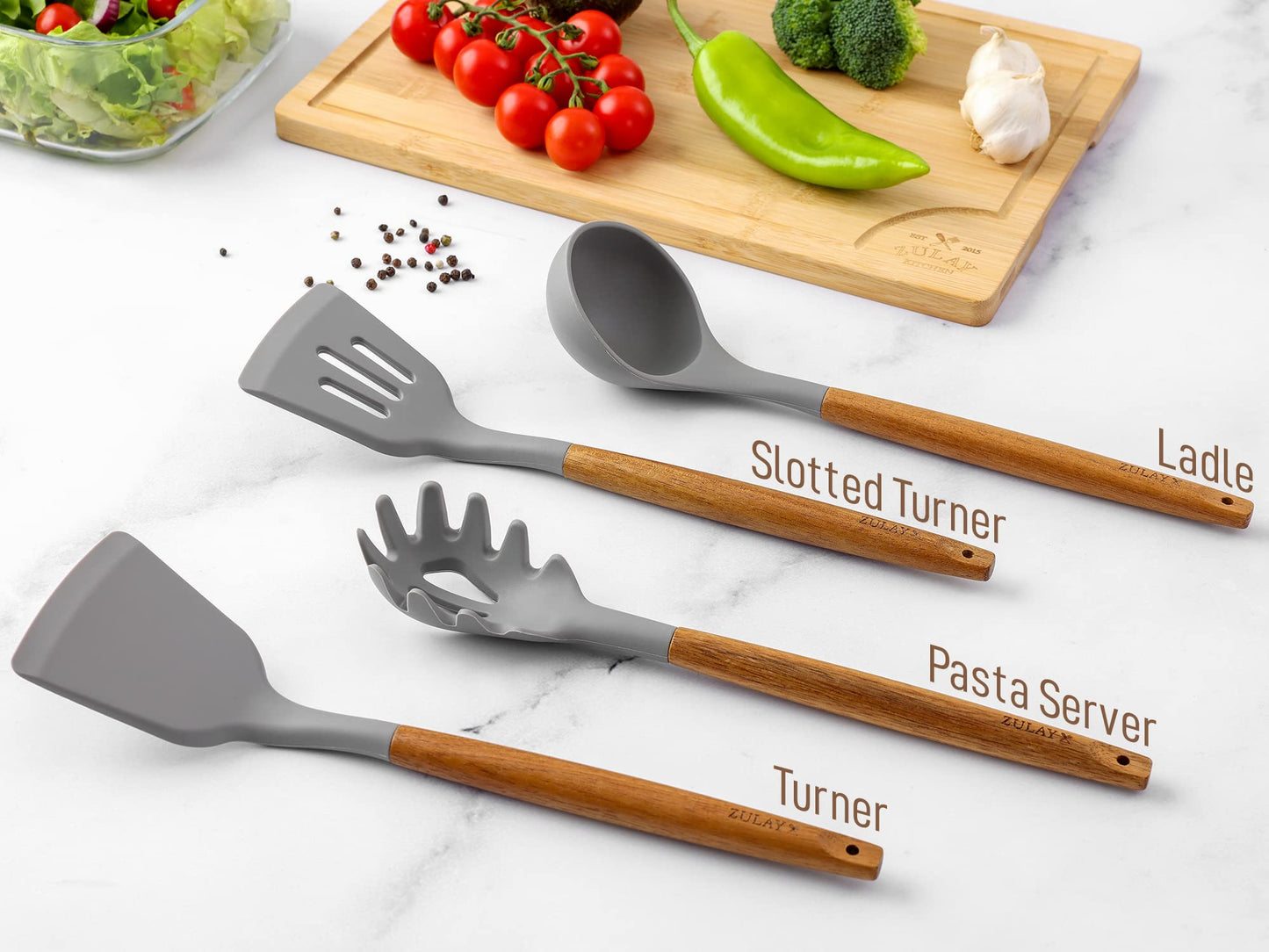 Zulay Kitchen Utensils Set Non-Stick Silicone Cooking Utensils Set with Authentic Acacia Wood Handles - 8 Piece Set - Silicone Kitchen Utensils Set with 464°F Heat Resistance - Gray