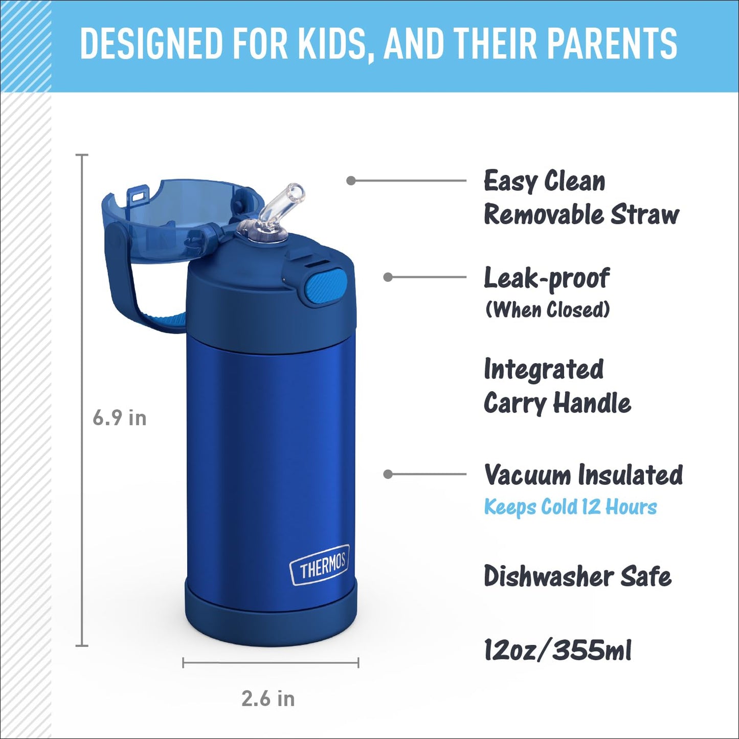 THERMOS FUNTAINER 12 Ounce Stainless Steel Vacuum Insulated Kids Straw Bottle, Blue