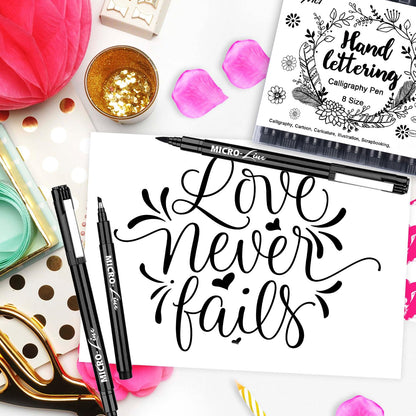 Dyvicl Hand Lettering Pens, Calligraphy Brush Pens Art Markers for Beginners Writing, Sketching, Drawing, Illustration, Scrapbooking, Journaling, Black Ink Pen Set, 8 Sizes