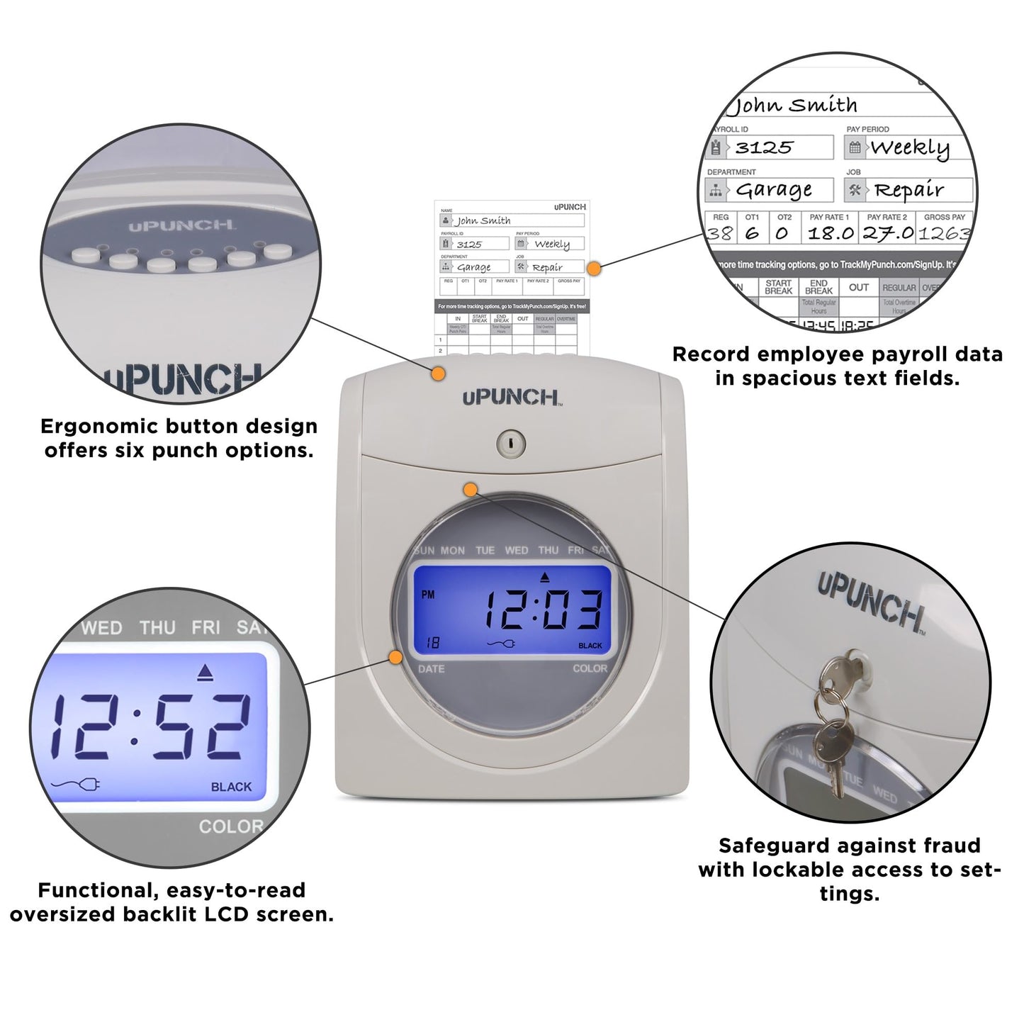 uPunch HN2500 Calculating Time Clock Bundle for Small Business: Auto Align Employee Time Tracking System with 100 Time Cards, Ribbon, and Keys