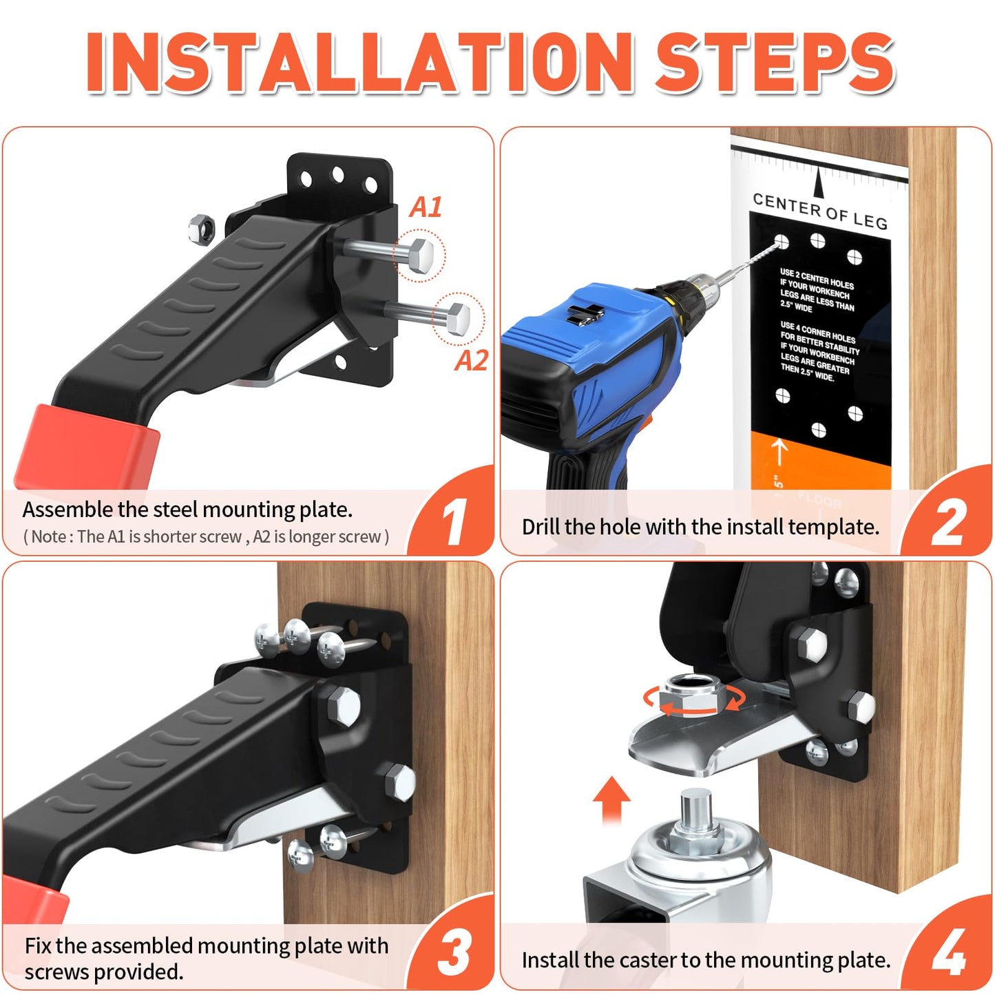 SPACEKEEPER Workbench Casters kit 660 Lbs - Retractable Casters Heavy Duty Bench Caster Wheels Designed for Workbenches Machinery & Tables, 4 Pack