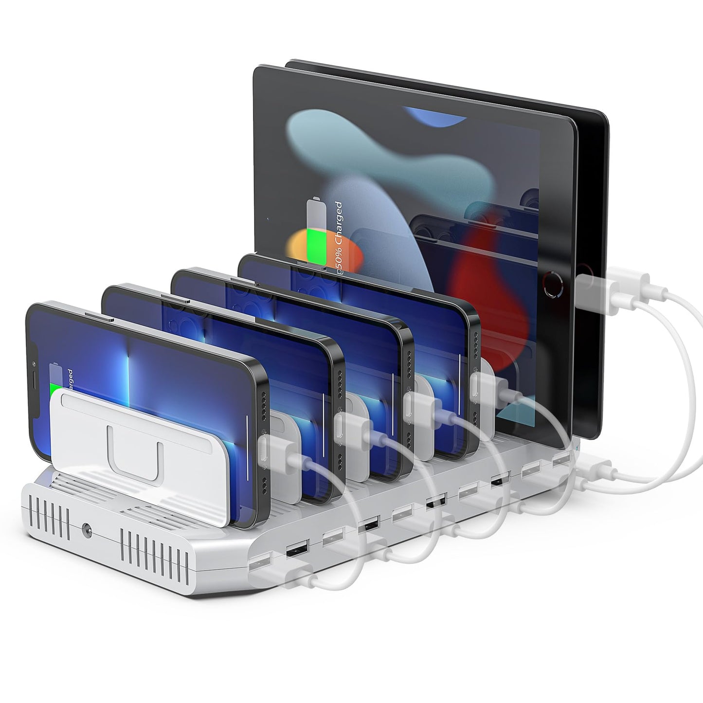 【5PCS】 Unitek Multi Charging Station, 10-Port USB Charger for Multiple Device with SmartIC Tech and Adjustable Dividers, Organizer Stand Compatible with iPad, Tablet, Kindle, iPhone - 5PCS, White