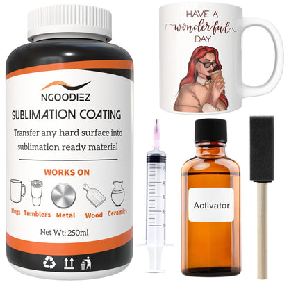 Sublimation Coating - 250ml Universal Coating Kit for Mugs, Tumbler, Ceramics, Wood, Glass, Metal - Sublimation Liquid Coating, Durable, High Gloss Finish - Sublimation Supplies and Accessories Kit