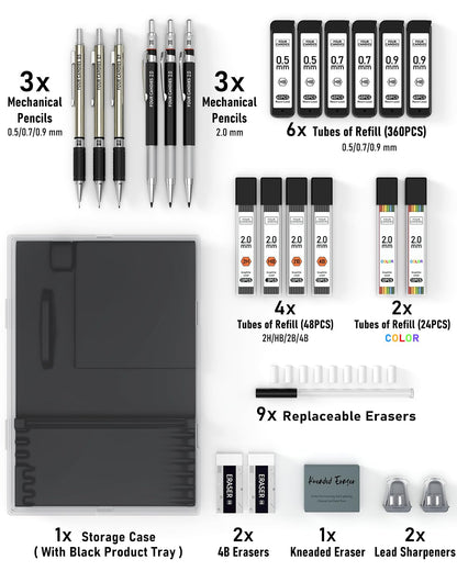 Four Candies 25PCS Art Mechanical Pencil Set with Case, 3PCS Metal Artist Lead Pencil 0.5, 0.7, 0.9 mm & 3PCS 2mm Holder (HB 2H 2B 4B Color) with 432PCS Graphite Lead Refills for Drawing Sketching