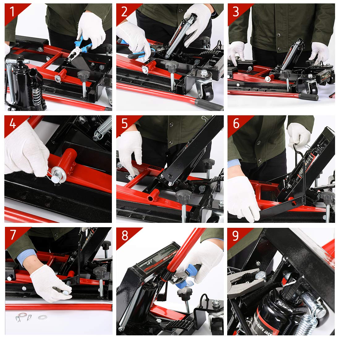 VIVOHOME Hydraulic Motorcycle Lift Jack 1500 LBS Capacity Steel ATV Lifts Stand Hoist with Wheels and Handle for Motorcycles, ATVs, Dirt Bikes Red