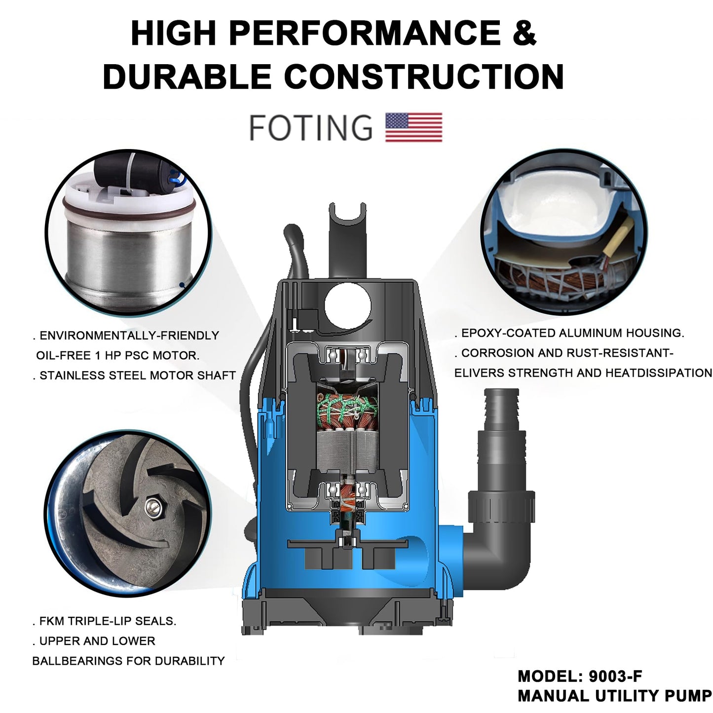 FOTING Sump Pump 1HP Clean/Dirty Submersible Water Pump, 4600GPH Utility Pump Thermoplastic Electric Portable Transfer Water Pump for Swimming Pool Garden Pond Basement with 10ft Long Power Cord