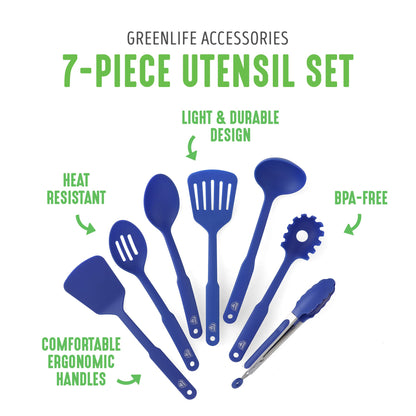 GreenLife Cooking Tools and Utensils, 7 Piece Nylon Set including Spatulas Turner Spoons and Tongs, Dishwasher Safe, Blue