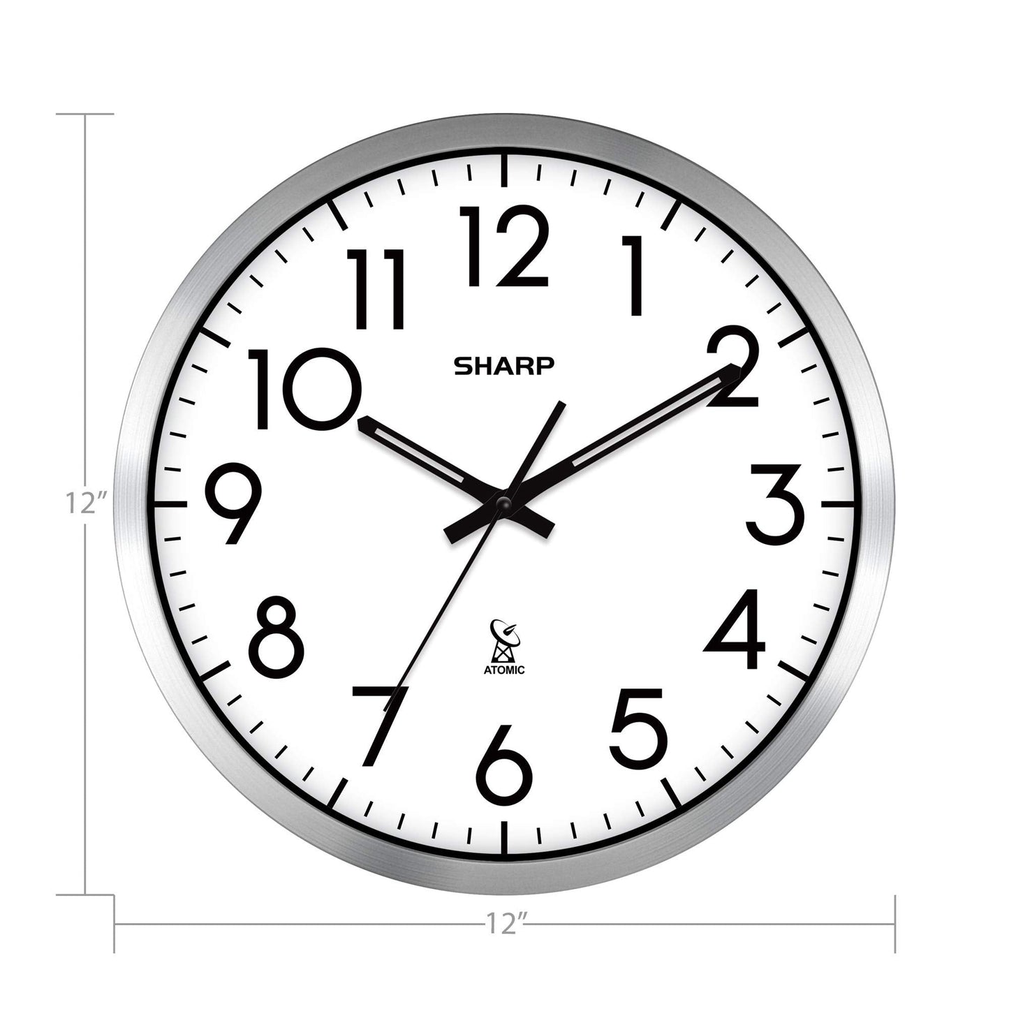 Sharp Atomic Analog Wall Clock - 12" Silver Brushed Finish - Sets Automatically- Battery Operated - Easy to Read - Easy to Use– Modern Design and Style