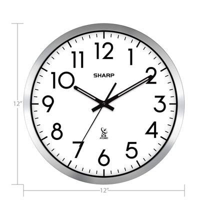 Sharp Atomic Analog Wall Clock - 12" Silver Brushed Finish - Sets Automatically- Battery Operated - Easy to Read - Easy to Use– Modern Design and Style