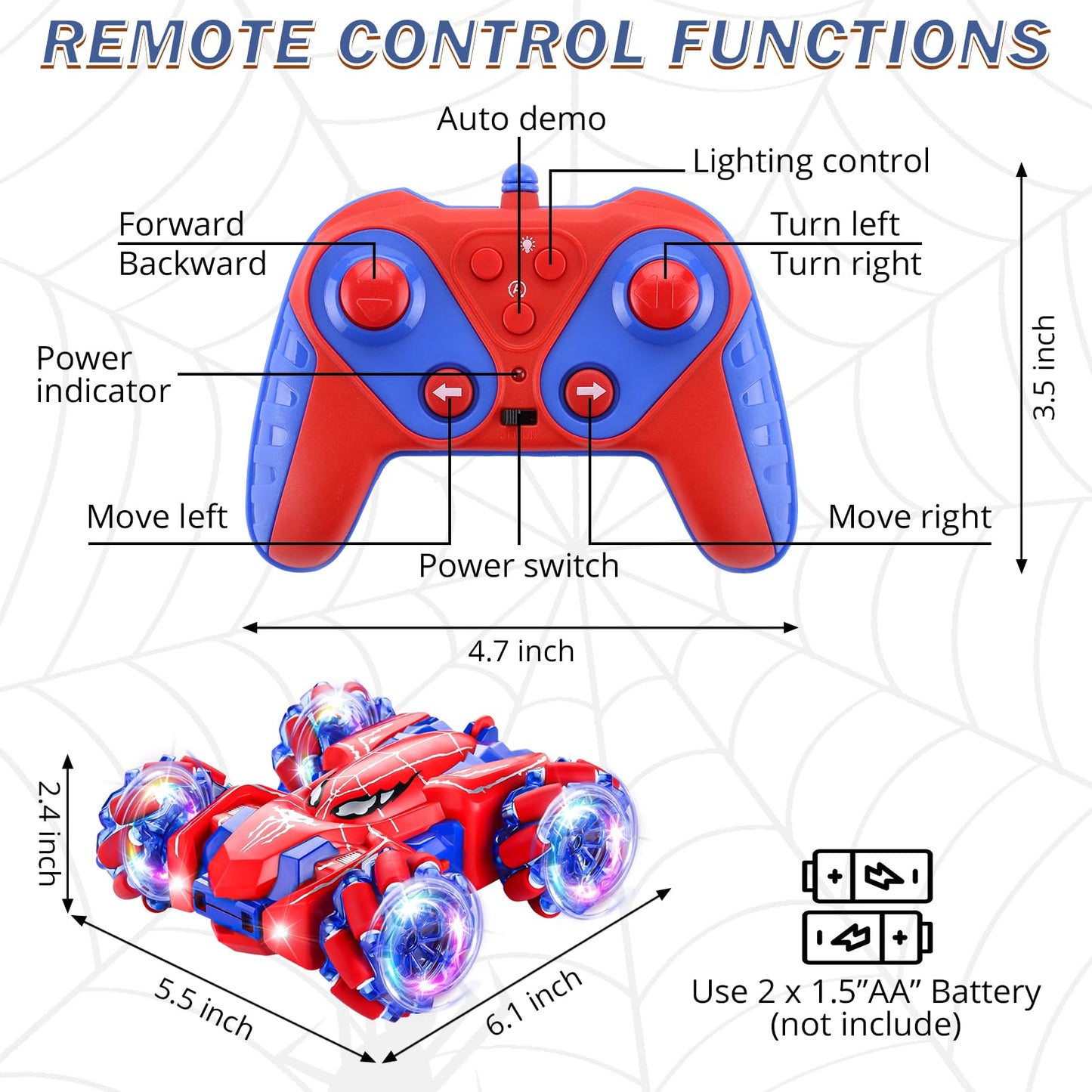 Punieayi Spider Remote Control Car, 2.4Ghz RC Cars with Headlight Double Sided Off-Road 360° Rotating Rechargeable 4WD RC Stunt Car Indoor Outdoor Spider Toys for Boys 4-6 5-7 8-13